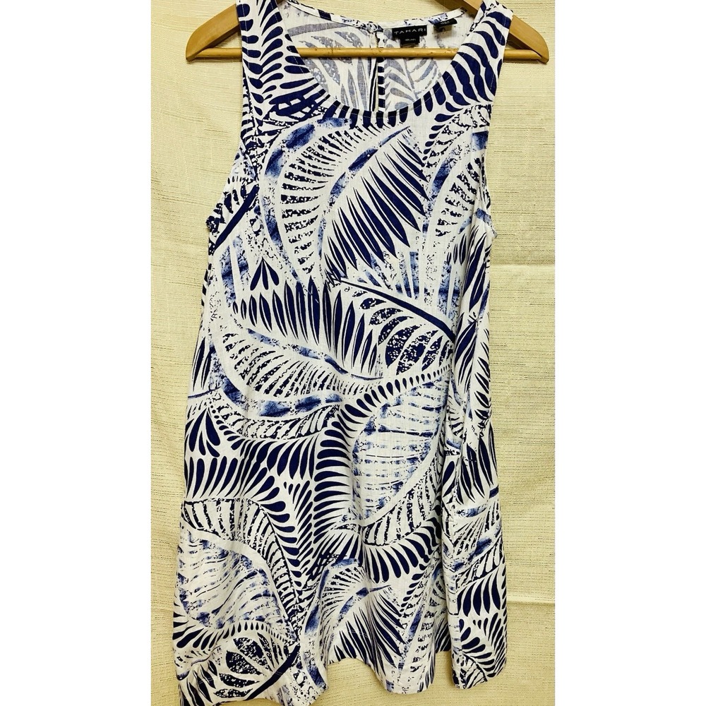 Tahari 100% linen Sleeveless Flare Dress Leaf Print White Blue & White Size M